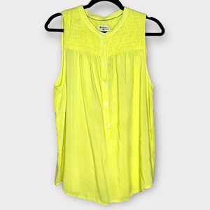 ANTHROPOLOGIE Holding Horses neon yellow lightweight smocked button tank size L